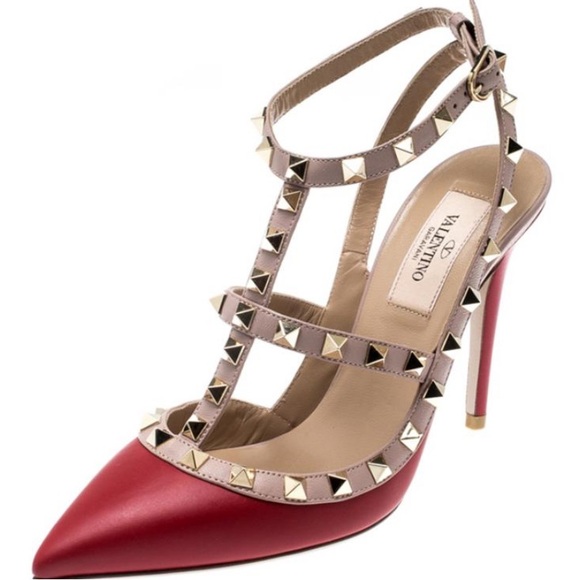 Valentino Shoes - Valentino Red and Beige Studded Heels